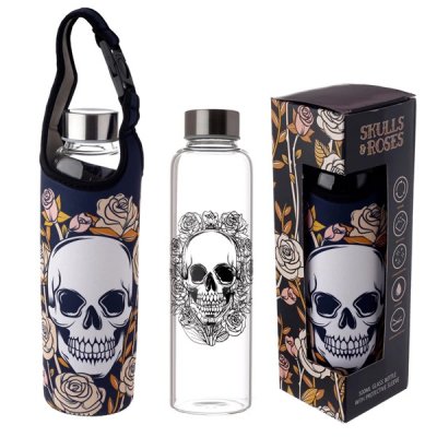 Vattenflaska Dricksflaska Glasflaska fodral glas 50cl Döskalle Skull Roses